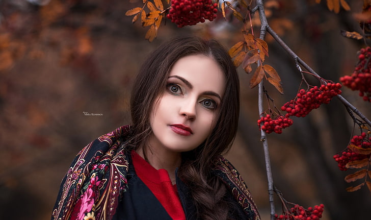 women, face, portrait, women outdoors, Maksim Romanov, red lipstick, HD wallpaper