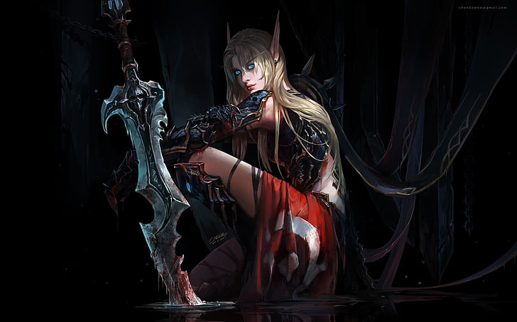 woman in black top illustration, sword, World of Warcraft, Blood Elf