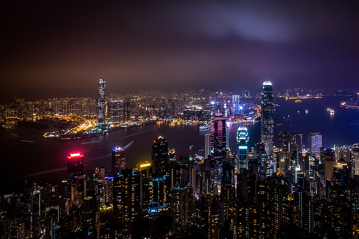 tower building, china, skyscrapers, night city, city lights, hong Kong, HD wallpaper