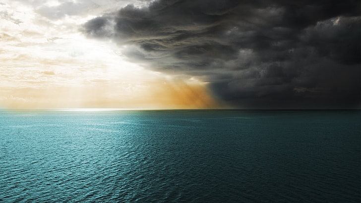 sea horizon, water, clouds, sunlight, sky, storm, nature, cloud - sky