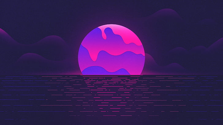 Sunset, Moon, Neon, Purple, HD, HD wallpaper