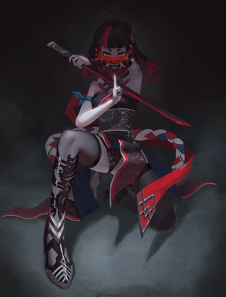 HD wallpaper: ninja girl, oni mask, sword, red eyes, artwork, minimalism |  Wallpaper Flare