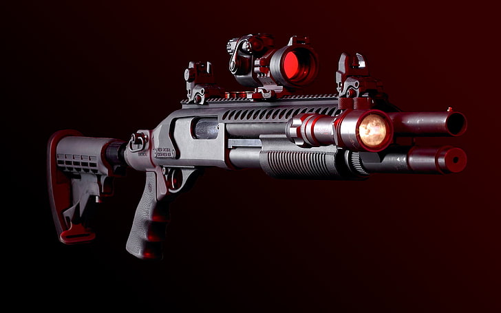 black shotgun with scope, weapons, flashlight, sight, Planck Picatinny