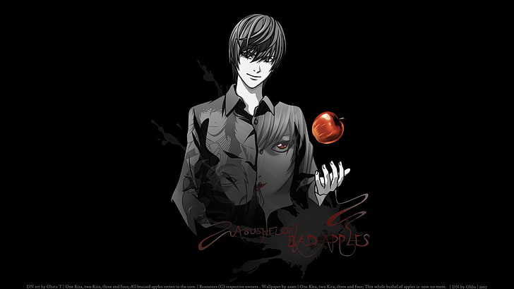 Death Note Light Yagami, anime, apples, representation, black background