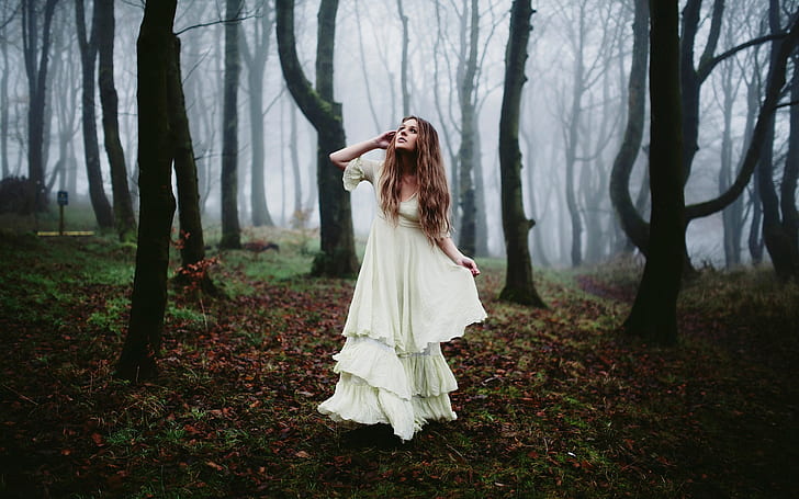 Forest, white dress girl, morning fog, women's white maxi dress