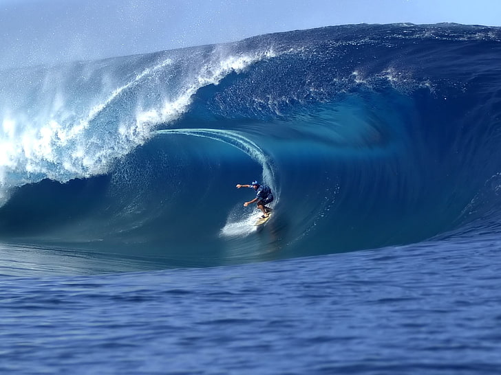 men's blue wet suit, surfing, surfers, sea, waves, nature, water, HD wallpaper