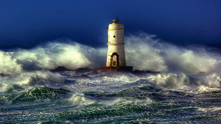 ocean, storm, lonely, lighthouse, wave, nature