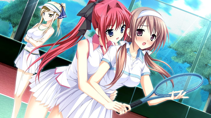 three female tennis players animated illustration, anime, girl, HD wallpaper