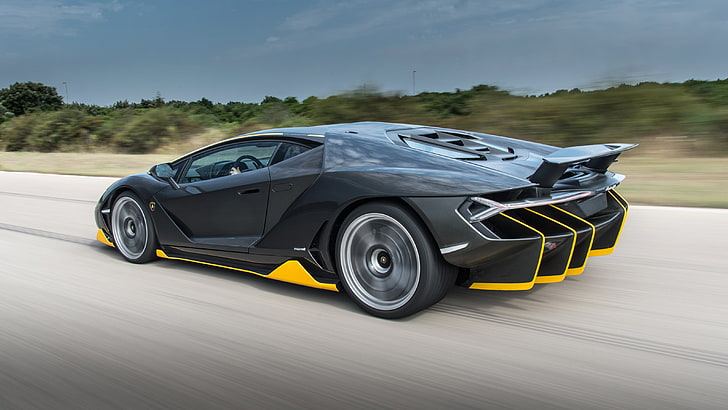 black and yellow Lamborghini sports coupe, centenario, speed