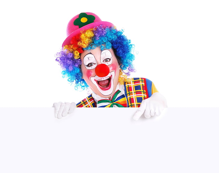 clown in pink hat, poster, advertising, pointing out, wig, circus