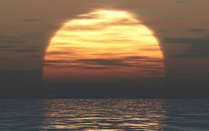 yellow sun, sunset, sea, nature, water, sky, digital art, horizon