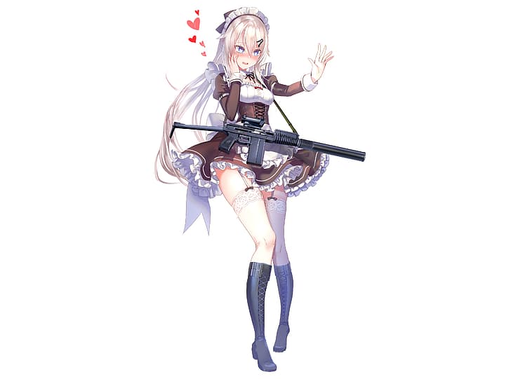 9A-91 (Girls Frontline), apron, aqua eyes, weapon, long hair