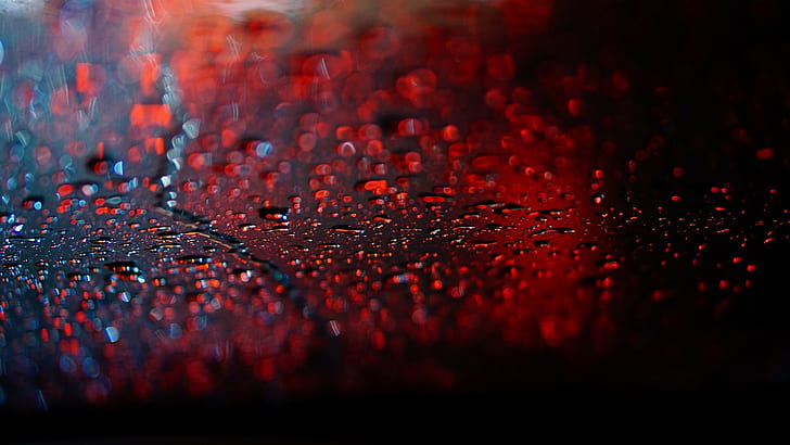 window, water, red, lights, photography, water drops, bokeh, HD wallpaper