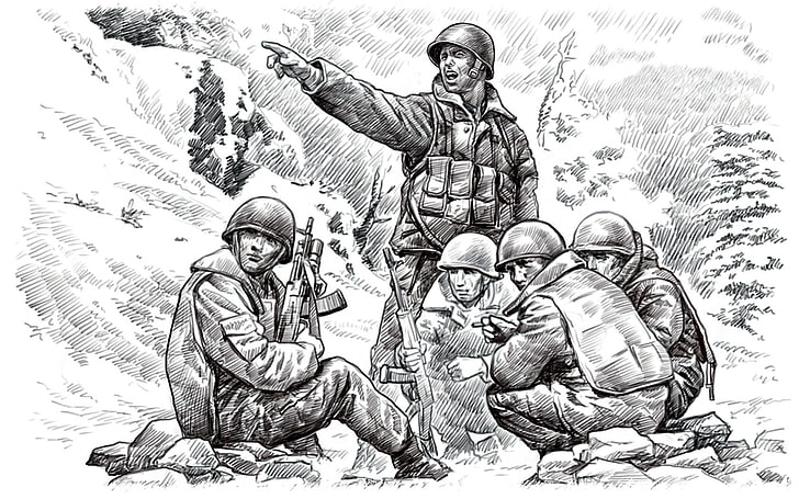 five soldier sitting on ground sketch illustration, height, art