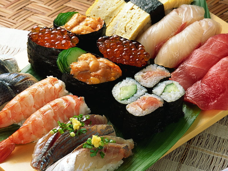 sushi platter, allsorts, caviar, shrimps, fish, food, seafood, HD wallpaper