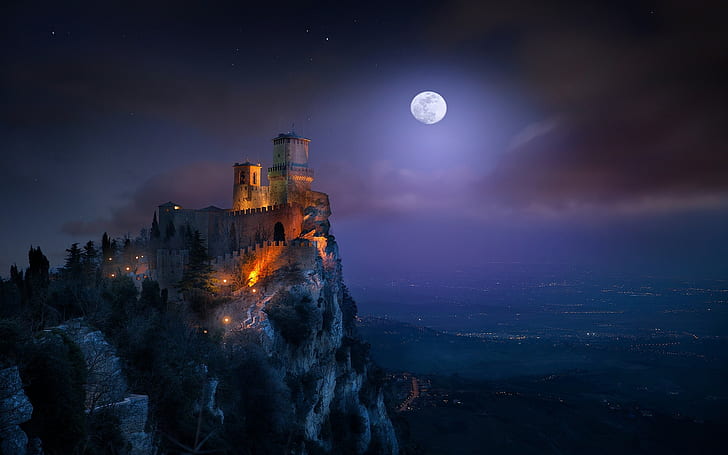 castle, landscape, Moon, starry night, moonlight, nature, lights