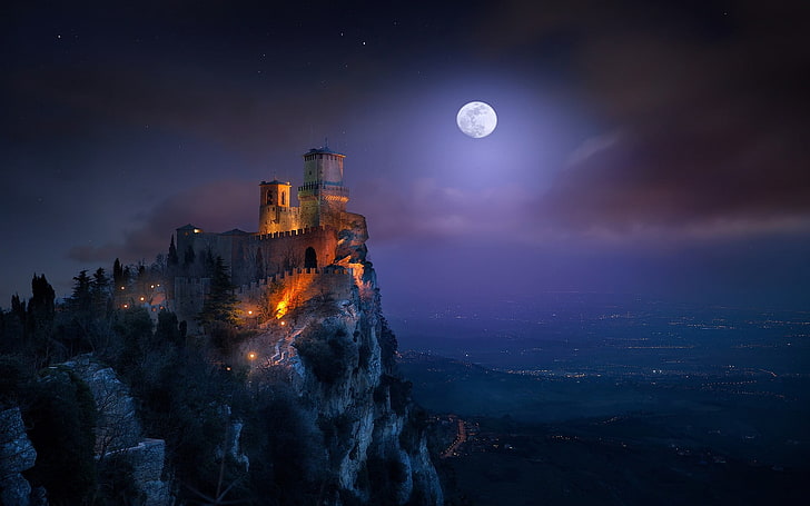 white castle, nature, landscape, Moon, cityscape, moonlight, starry night