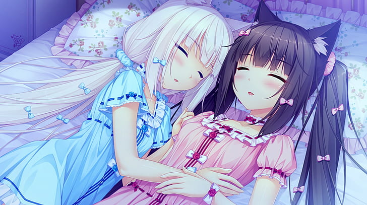 Anime Girls, bed, Bedroom, Chocolat (Neko Para), Sleeping, Vanilla (Neko Para)