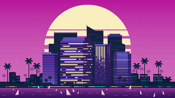 cityscape, purple background, palm trees, shore, Retrowave
