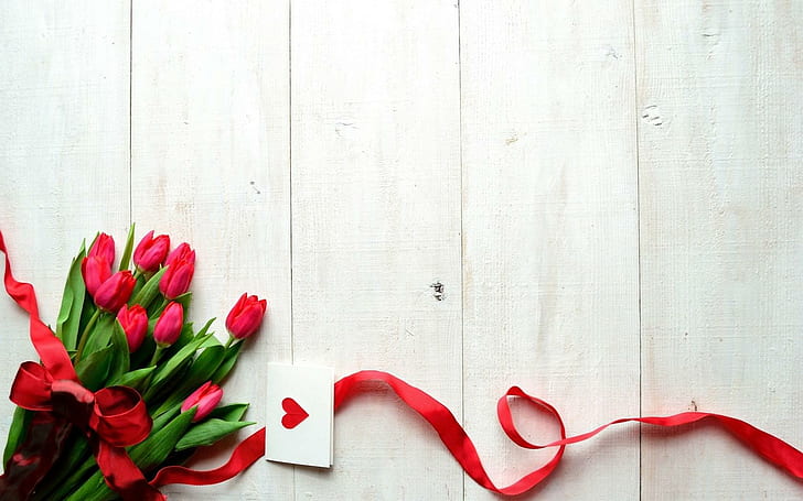 Flowers Tulips Ribbon Heart Love, HD wallpaper