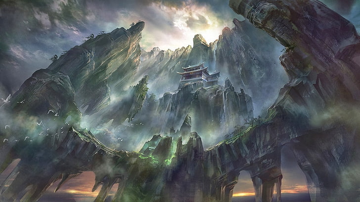 gray temple illustration, artwork, fantasy art, pagoda, Asian architecture, HD wallpaper