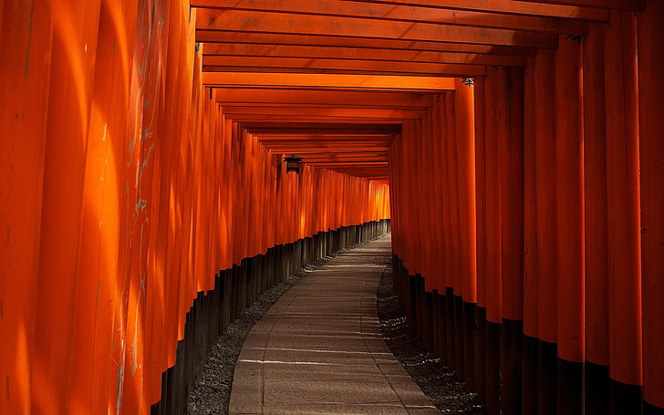 gray concrete hallway, path, wood, Japan, temple, torii, Kyoto