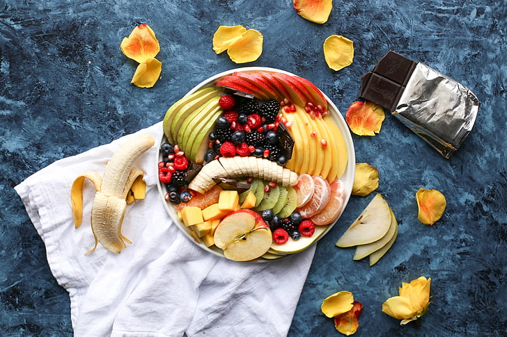 plates, food, fruit, chocolate, food and drink, freshness, healthy eating, HD wallpaper