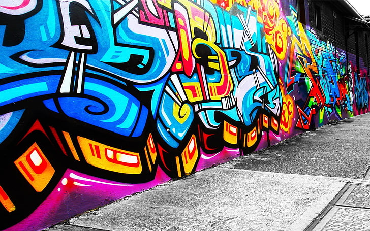 blue and yellow wall graffiti, urban, multi colored, creativity, HD wallpaper