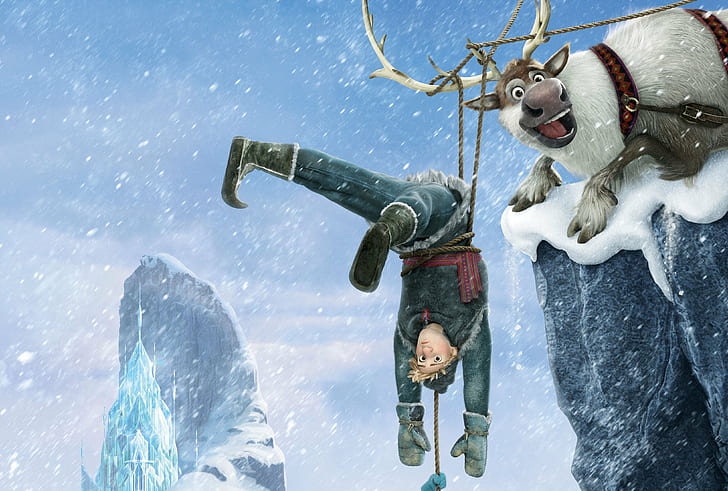 snow, snowflakes, ice, deer, Frozen, Kingdom, Walt Disney, animation, HD wallpaper