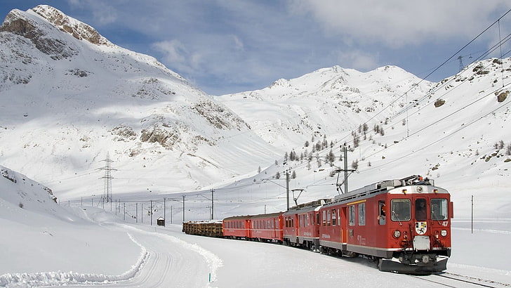 red train on trail covered with snow during daytime, nature, landscape