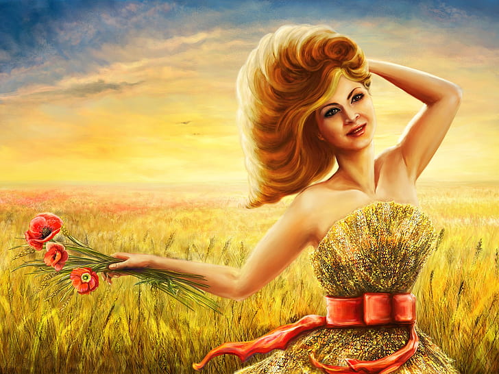 Art drawing, smile girl in summer, wheat field, HD wallpaper