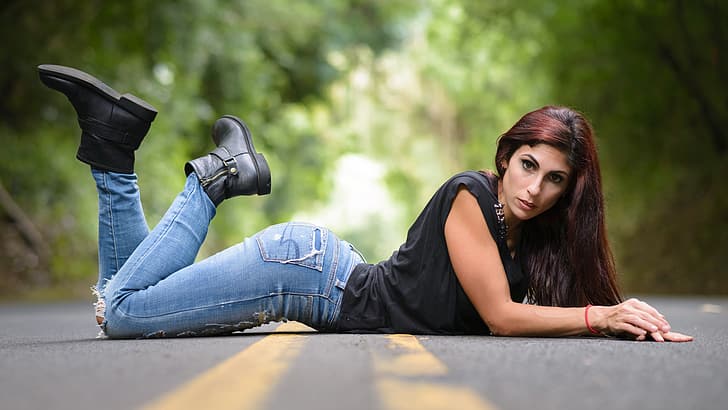 road, look, pose, model, jeans, shoes, on the road, Lexi Muhlenbeck, HD wallpaper