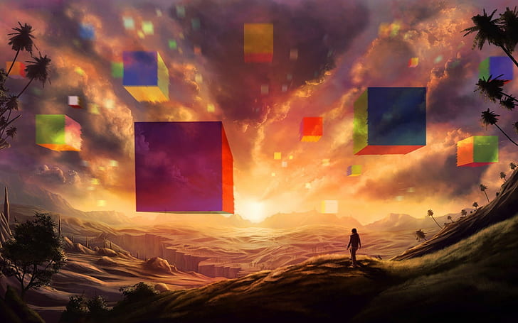 cube, floating, fantasy art, silhouette, landscape, colorful