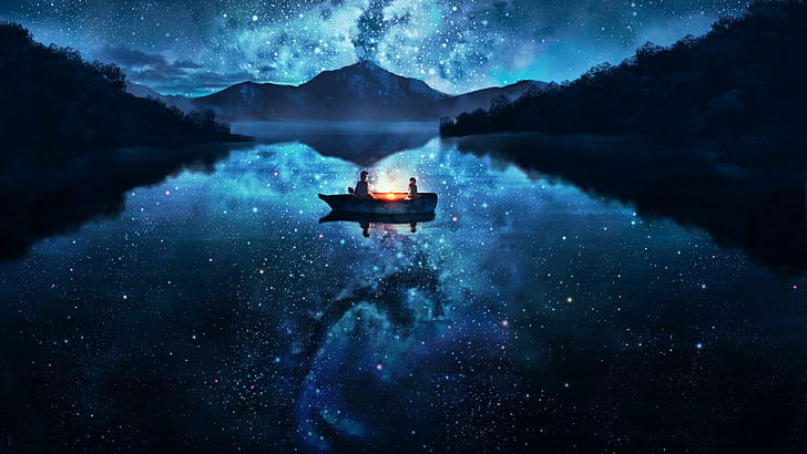 anime art, boat, night, water, sky, stars, darkness, drawing