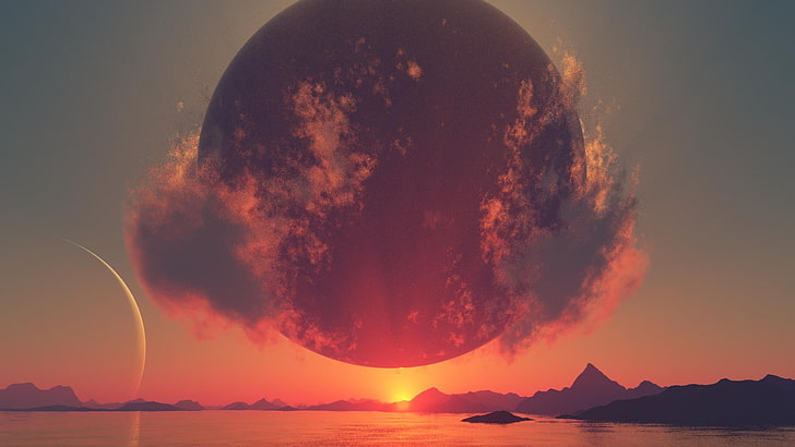 round black moon illustration, digital art, landscape, sunlight, HD wallpaper