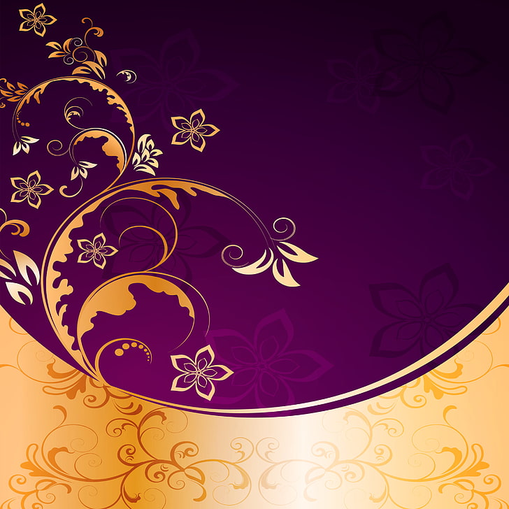 brown and purple floral decor, background, golden, ornament, vintage, HD wallpaper