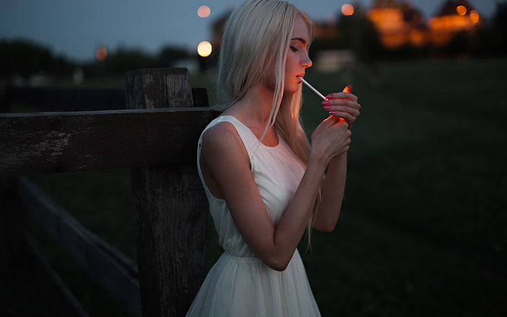 women, blonde, white dress, smoking, pink nails, side view