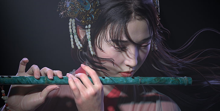 The flute, fantasy, instrument, luminos, girl, hand, sheng luo, HD wallpaper