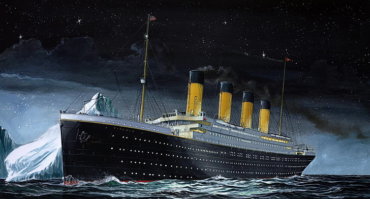 white and black Titanic painting, The sky, Sea, Night, Figure