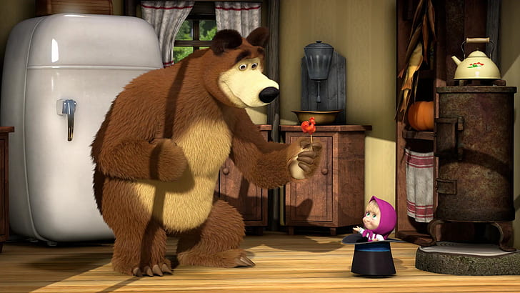 room, refrigerator, Lollipop, cartoon, cylinder, Masha and the bear