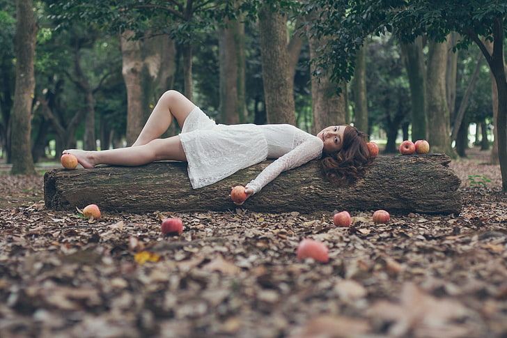 women, forest, lying down, apples, redhead, tree, full length, HD wallpaper