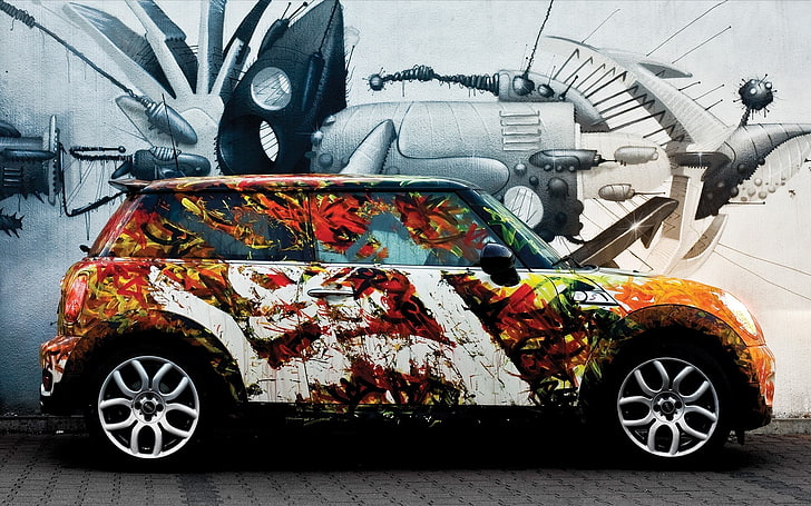 car, vehicle, graffiti, Mini, Mini Cooper, transportation, mode of transportation, HD wallpaper