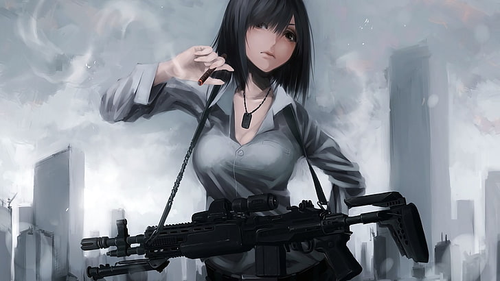 female gunner character wallpaper, anime, anime girls, weapon
