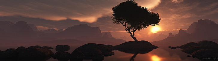 silhouette of tree, nature, dusk, landscape, digital art, mountain