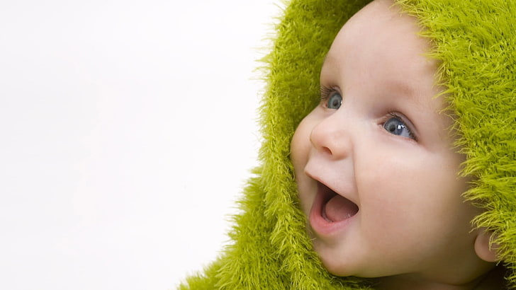 green blanket, blue eyes, children, baby, portrait, headshot, HD wallpaper