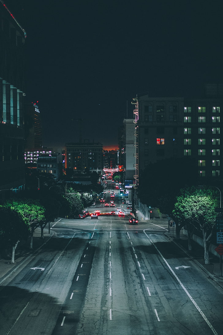 gray concrete road, los angeles, night city, traffic, street, HD wallpaper