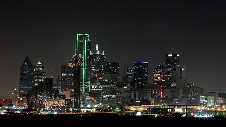 cityscape by water, Dallas, building exterior, night, illuminated