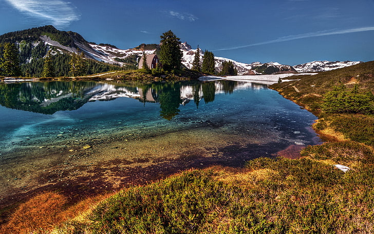 snowcap mountains beside lake, nature, reflection, HDR, water