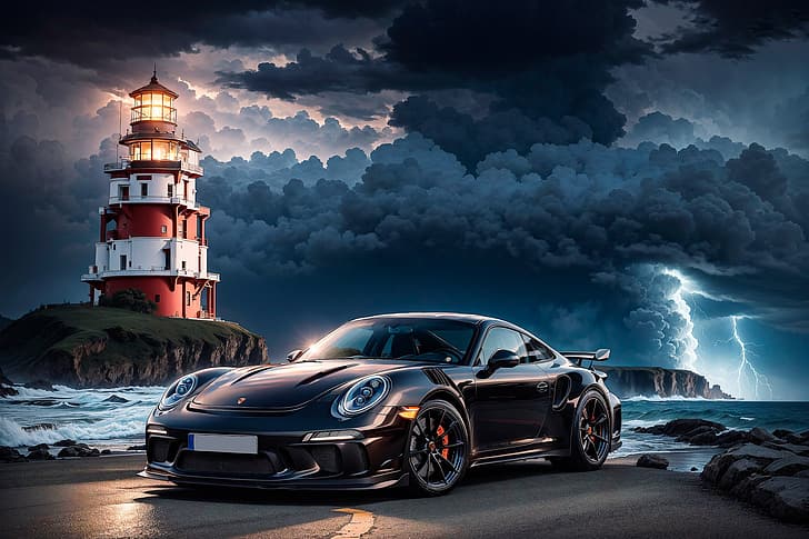 sea, the storm, lightning, lighthouse, sports car, Porsche 911, HD wallpaper