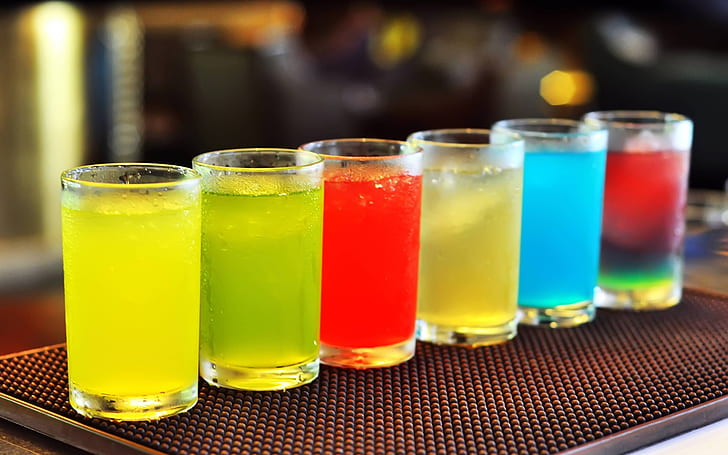 Cold drinks, colorful cocktails, glass, cups